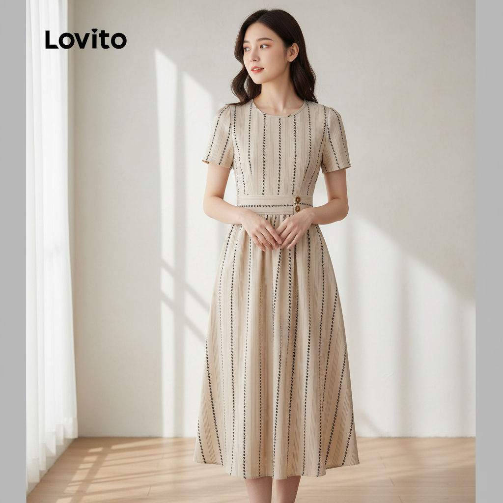 Lovito Vestido Feminino Casual com Botões para Primavera Verão em Damasco L158ED395 em Oferta na Shopee