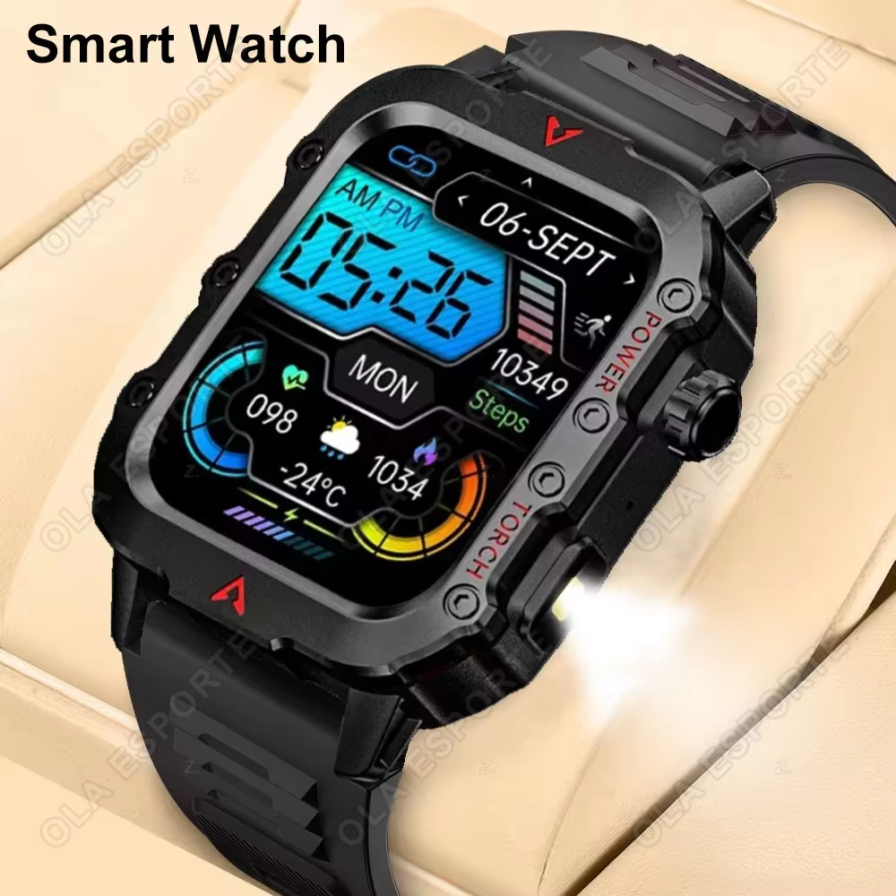 Relógio Inteligente Militar Masculino com Lanterna LED e Chamada, Relógio de Pulso Esportivo para Exterior,