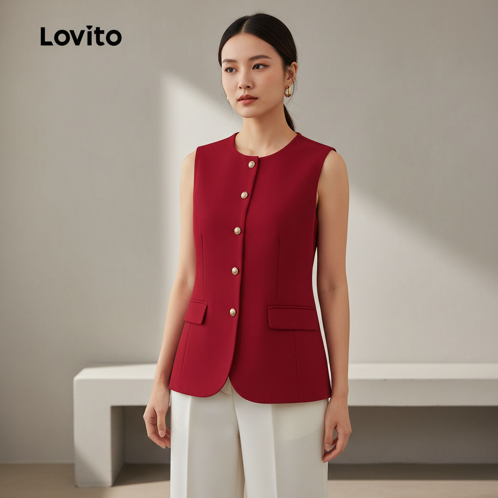 Lovito Blusa Feminina Sofisticada com Botões Frontais Primavera Verão Vermelho LK2LD422 em Oferta na Shopee