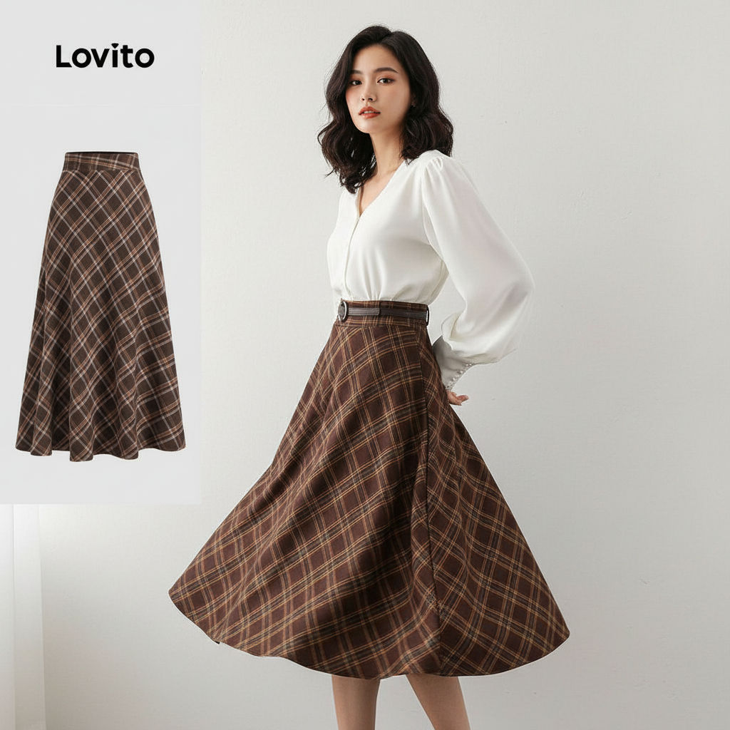 Lovito Saia feminina com design sofisticado em xadrez para mulheres LBL22556 em Oferta na Shopee