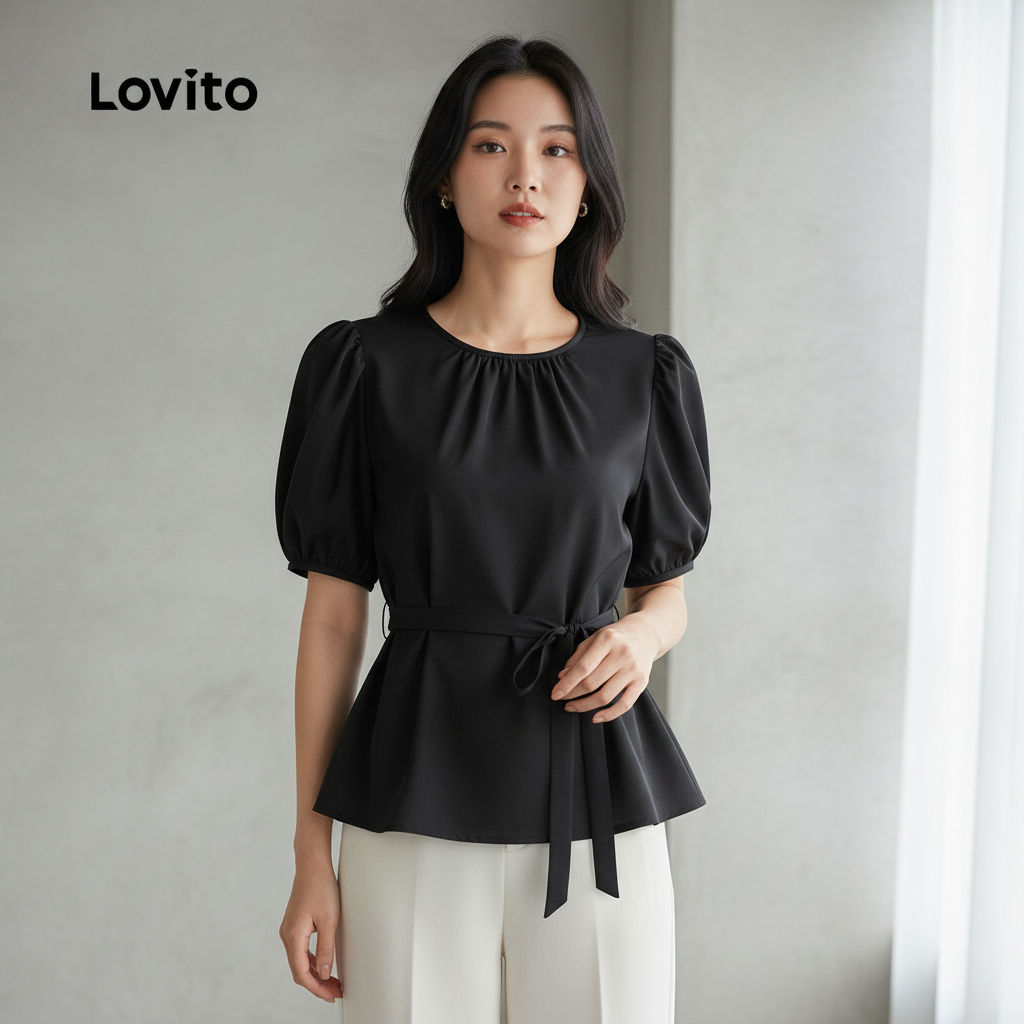 Lovito Blusa Feminina com Renda e Pregas - Primavera/verão Preta L166AD256 em Oferta na Shopee