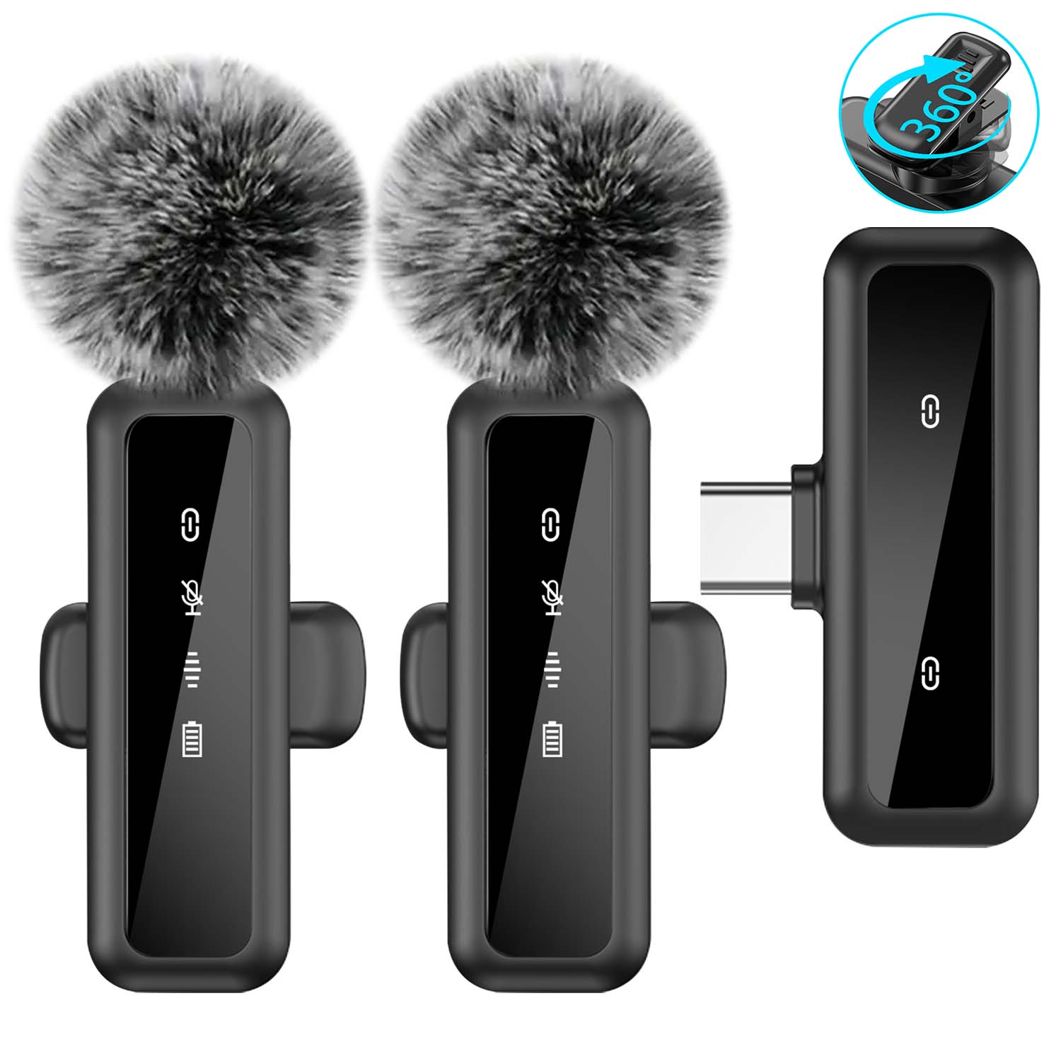 Microfone de Lapela sem Fio USB-C, 2 Microfones com Clipes Giratórios 360°, Cancelamento de Ruído, Plug & Play para