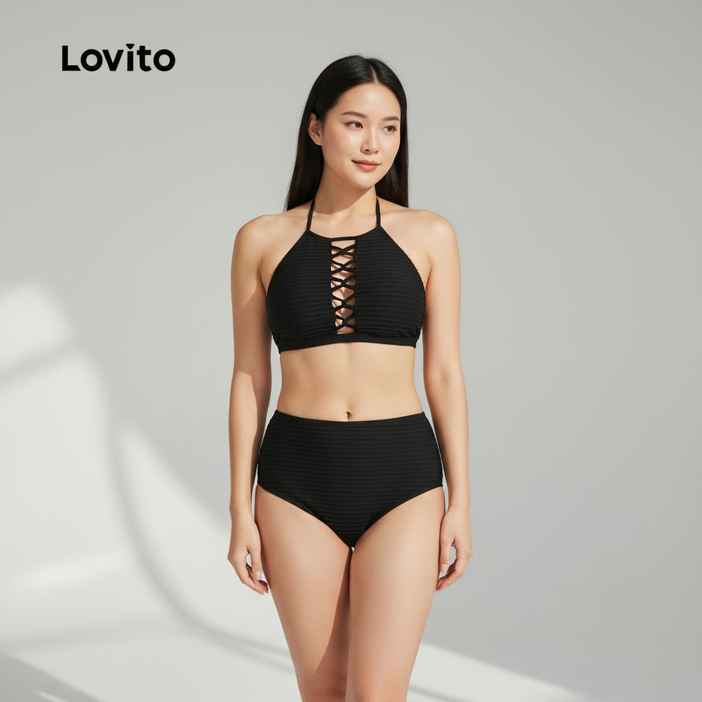 Lovito Conjunto de Biquíni Sexy com Amarração Cruzada nas Costas Preto para Mulheres LNE126012 em Oferta na Shopee