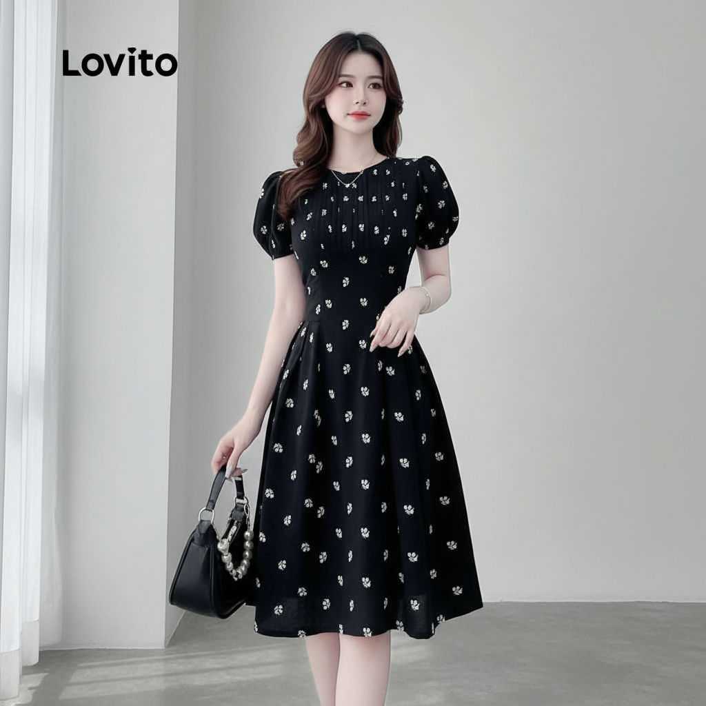 Lovito Casual Vestido Feminino Preto Primavera/Verão com Caimento Perfeito LK2LD358