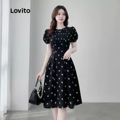 Lovito Casual Vestido Feminino Preto Primavera/Verão com Caimento Perfeito LK2LD358