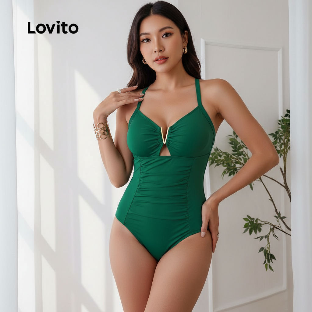 Lovito Maiô Preto Casual de Uma Peça com Fivela Metálica para Primavera Verão LNL126239 em Oferta na Shopee