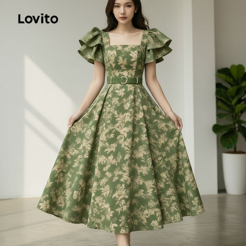Lovito Vestido Feminino De Primavera Verão Com Babados Flores Para Festa Natal Ano Novo LK2EDD123 em Oferta na Shopee