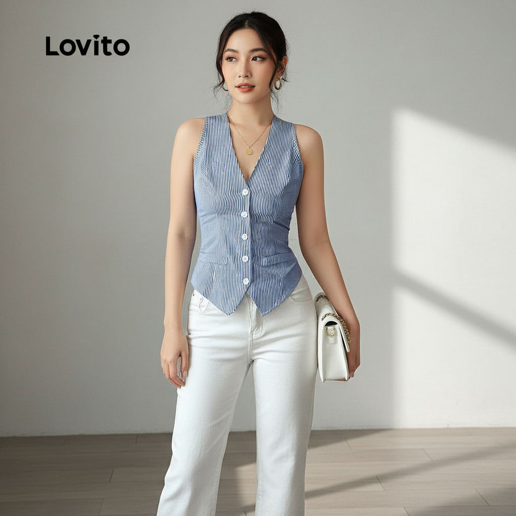 Blusa Casual Feminina Lovito Azul com Botões Frente Primavera Verão LBL28236