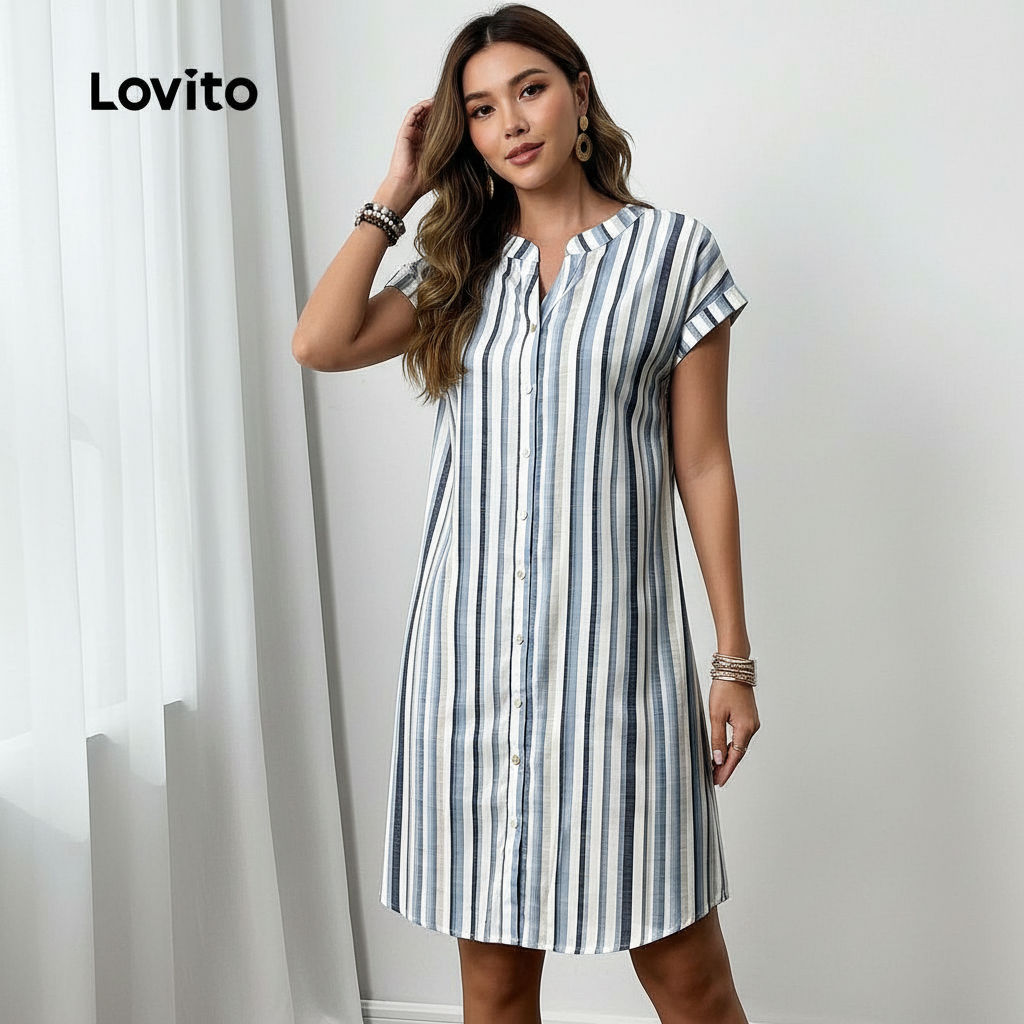 Lovito Vestido Feminino Listrado Primavera Verão LBL32021 em Oferta na Shopee