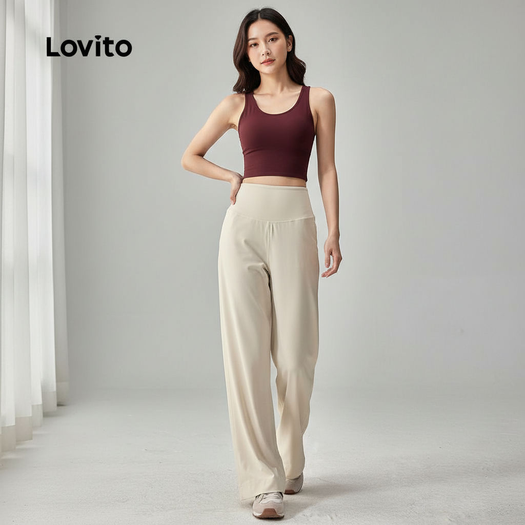 Lovito Casual Calça Feminina Esportiva com Controle de Abdômen e Elevação de Bumbum Bege Elastano 4 Vias LNA129040