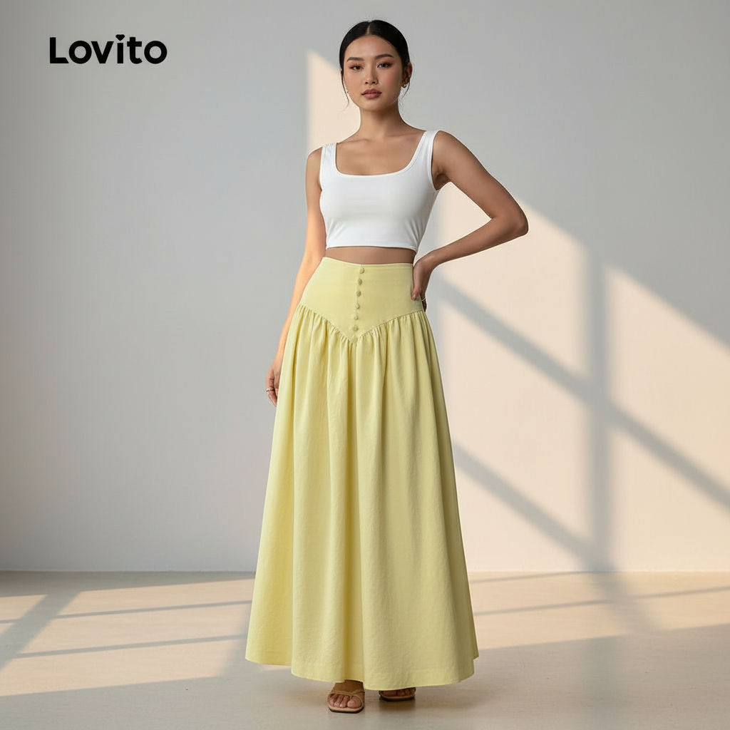 Lovito Saias Casuais com Zíper Primavera/Verão Saias Amarelas para Mulheres L167LD086 em Oferta na Shopee