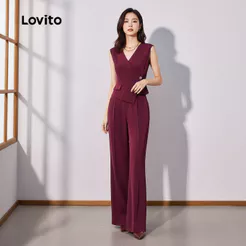 Lovito Elegante Calças Femininas Burgundy Botão Primavera Verão para Mulheres L165ED1008