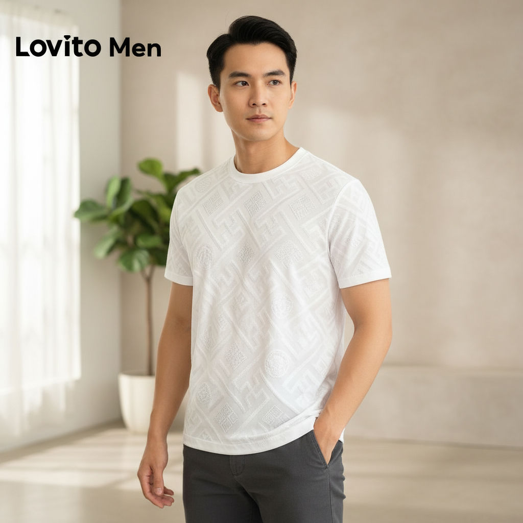 Lovito Camiseta Masculina Casual Jacquard Branca para Homens LNE127155 em Oferta na Shopee