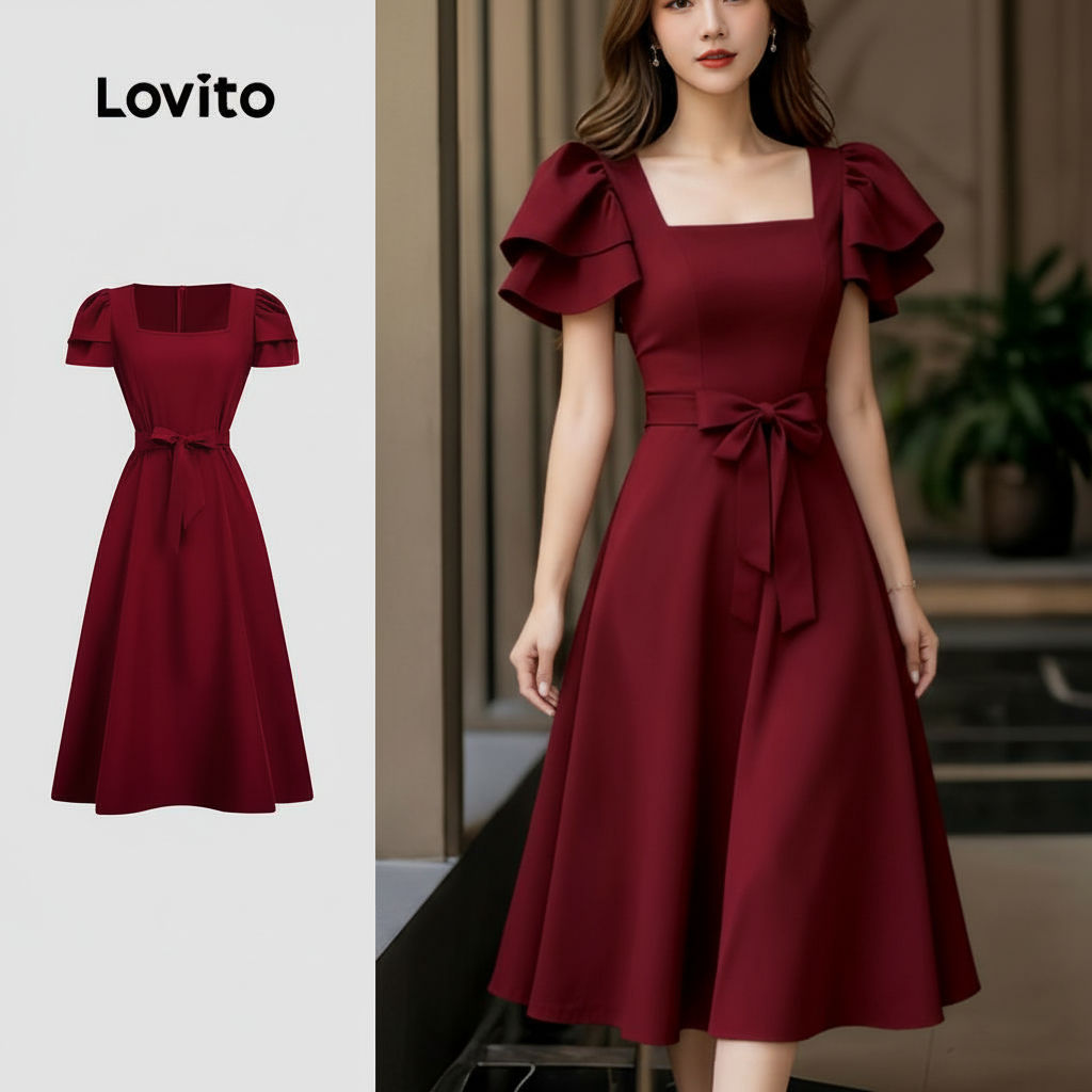 Lovito Refine Vestido feminino Clarete para Primavera/Verão com Babados e Renda L166AD143 em Oferta na Shopee