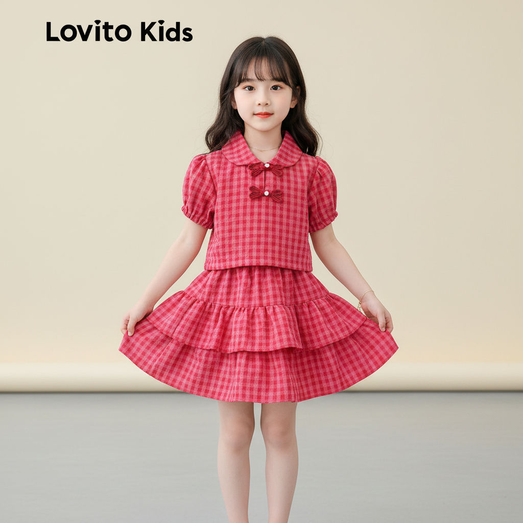 Lovito Kids Conjunto Saia Casual com Botões Dupla Camada Primavera/Verão Rosa Vermelha LNL111171 em Oferta na Shopee
