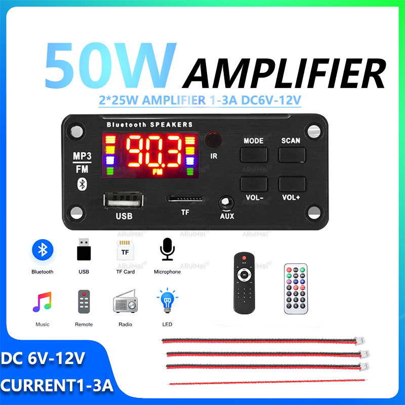 Placa Amplificadora Bluetooth 2x25W DC 6V-12V 1-3A com Controle Remoto, Cabo de Energia e Fio de Alto-falante, Caixa