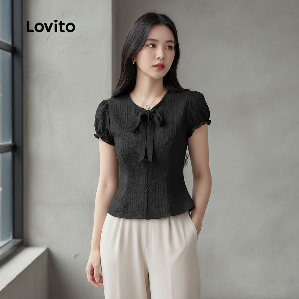 Lovito Blusa Casual de Renda para Mulheres Primavera Verão Preta L154ED391 em Oferta na Shopee