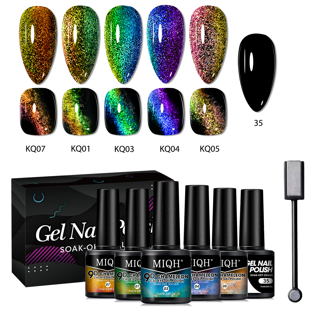 MIQH 5 frascos de esmalte em gel olho de gato pavão + 1 frasco de esmalte preto + 1 bastão magnético, salão de