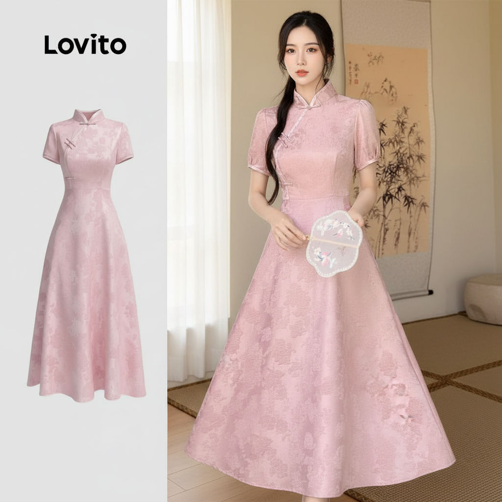 Lovito Vestido Feminino Rosa Com Zíper E Botões Para Natal/festa De Ano Novo Primavera/verão LK2ED449 em Oferta na Shopee