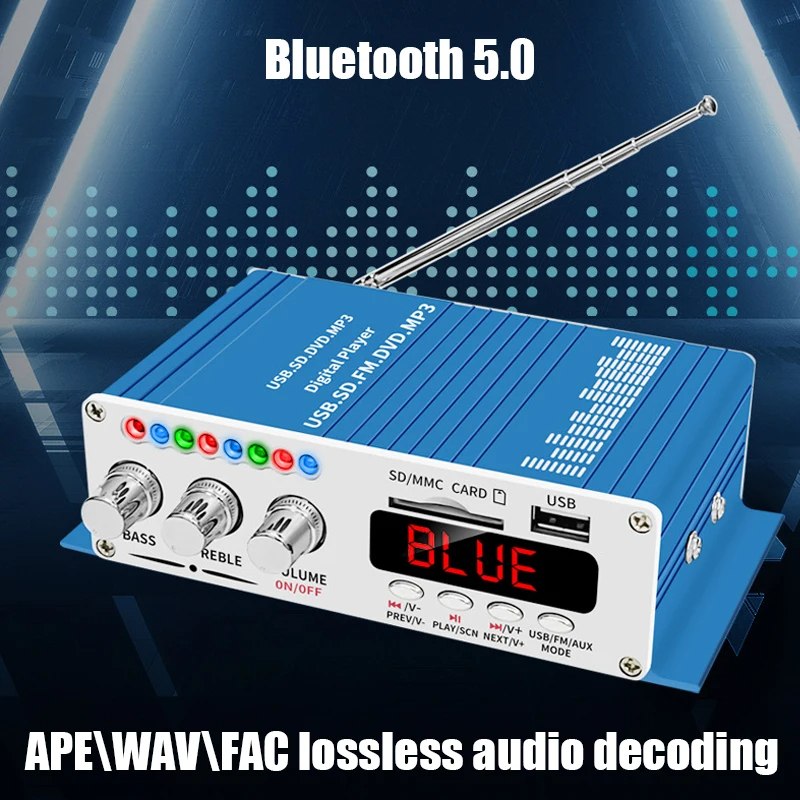 Amplificador Digital Mini Bluetooth DC12V 2x20W Player USB SD Rádio FM para Carro Com Controle Remoto