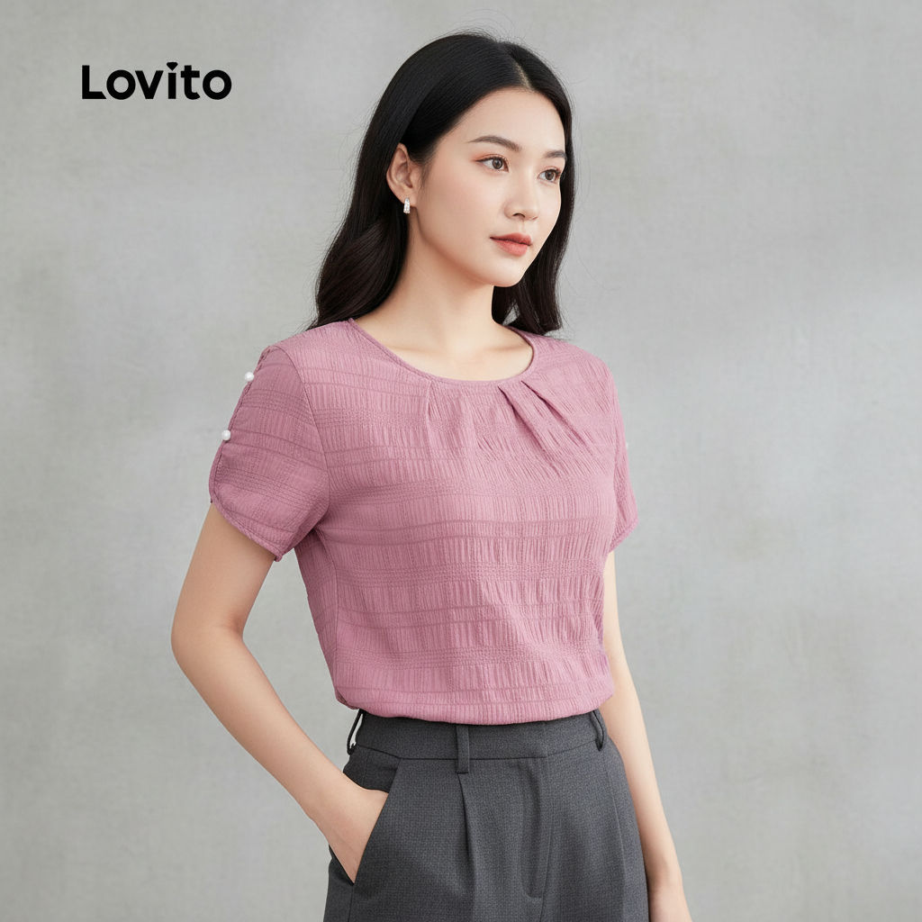 Lovito Elegante Camisa Feminina com Textura para Primavera Verão Cinza Rosa L165