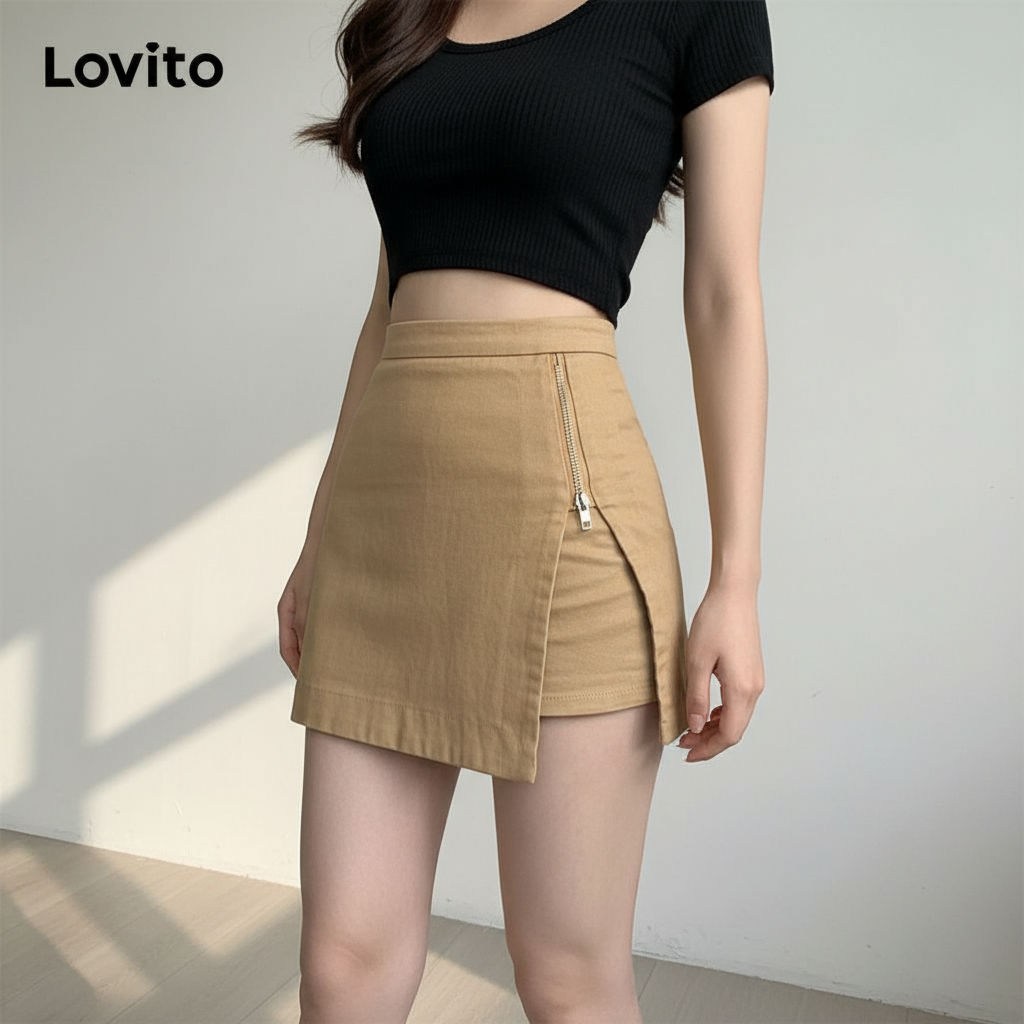 Lovito Shorts Casuais Femininos Com Zíper Divisão Estilo Preppy L59ED161 (Cáqui) em Oferta na Shopee