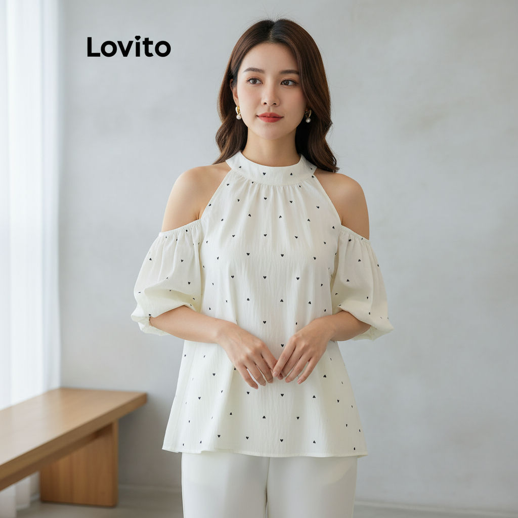 Lovito Casual Blusa Feminina Poá Com Laço Traseiro LNE71653