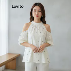 Lovito Casual Blusa Feminina Poá Com Laço Traseiro LNE71653