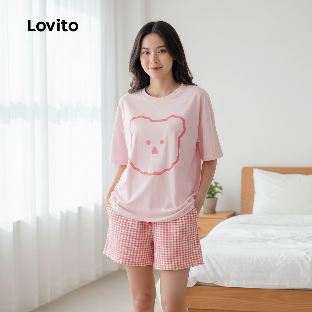 Lovito Conjunto de Pijama Duplo Rosa Fofo Feminino Primavera/Verão LNE130228 em Oferta na Shopee