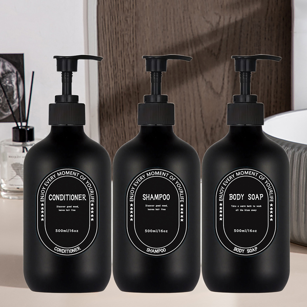 Frascos Dispensadores De Sabão Recarregáveis 3 Pacotes 500ml Preto Banheiro Shampoo Condicionador Bomba Conjunto Com Eti
