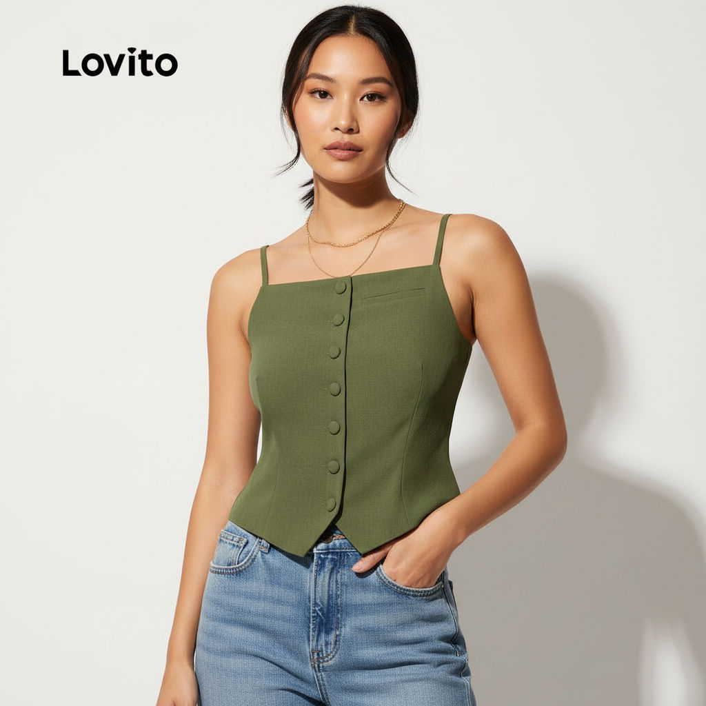 Lovito Blusa Casual Verde Botões Primavera Verão para Mulheres LK2LD429 em Oferta na Shopee