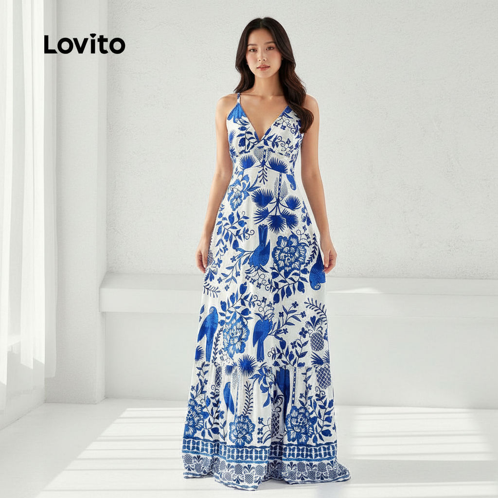 Lovito Vestido Elegante Boho Resort Primavera Verão Azul Branco LK2LD367 em Oferta na Shopee