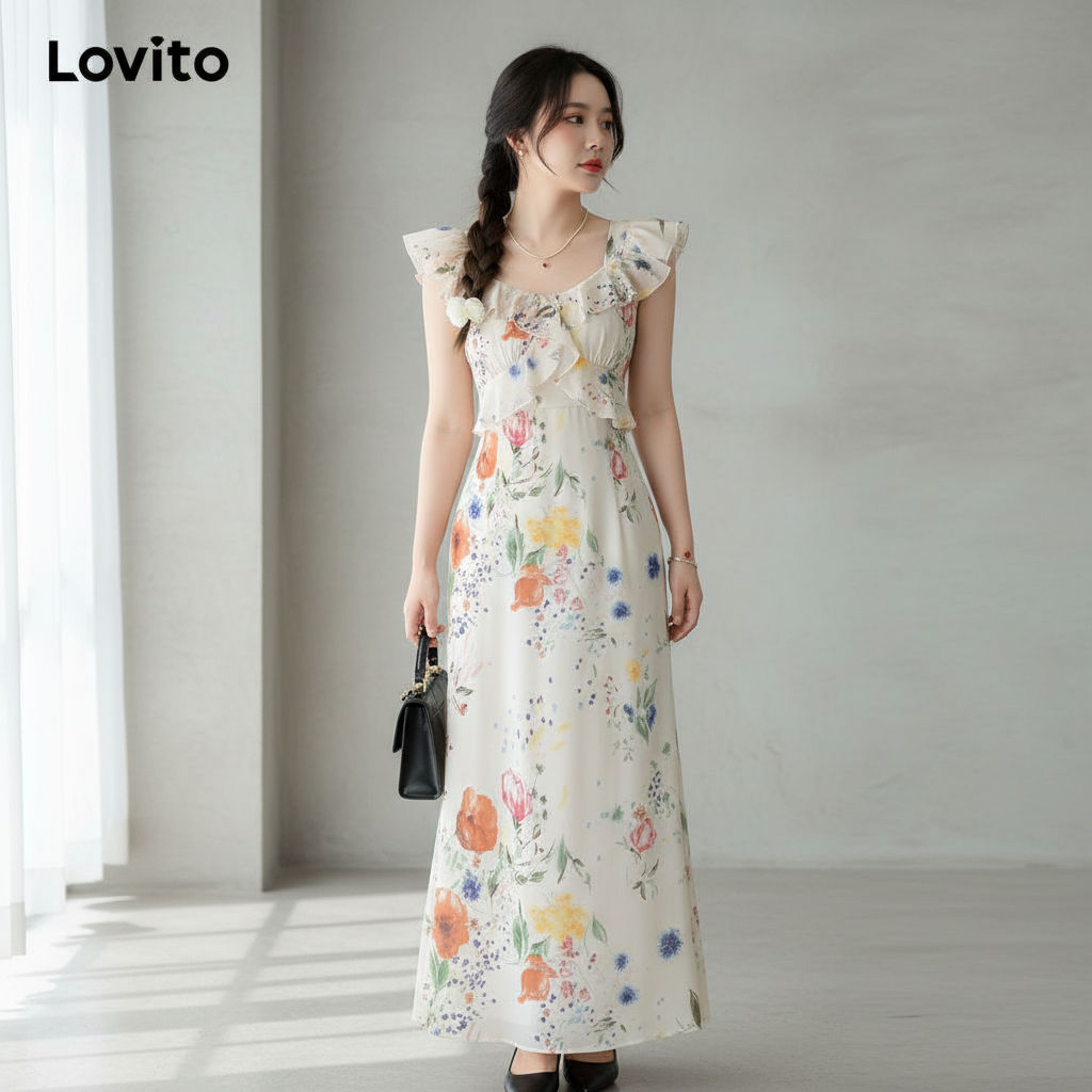 Lovito Vestido Feminino Estampa Floral Pequena Com Babados Elegante LNE75065