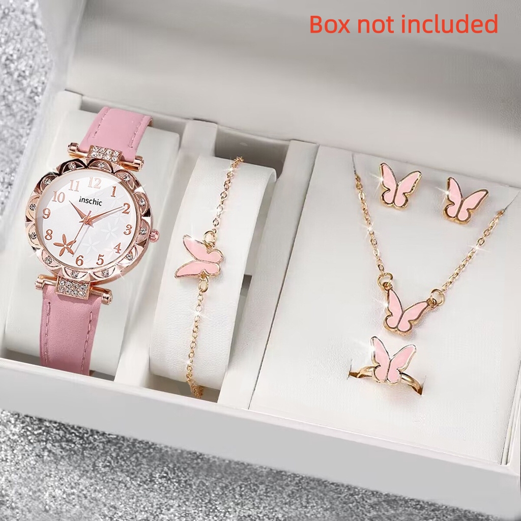 Elegante Conjunto De Relógio De Quartzo Falso Estrela Do Mar Mostrador Pulseira De Couro Combinação De Joias Para Mulher