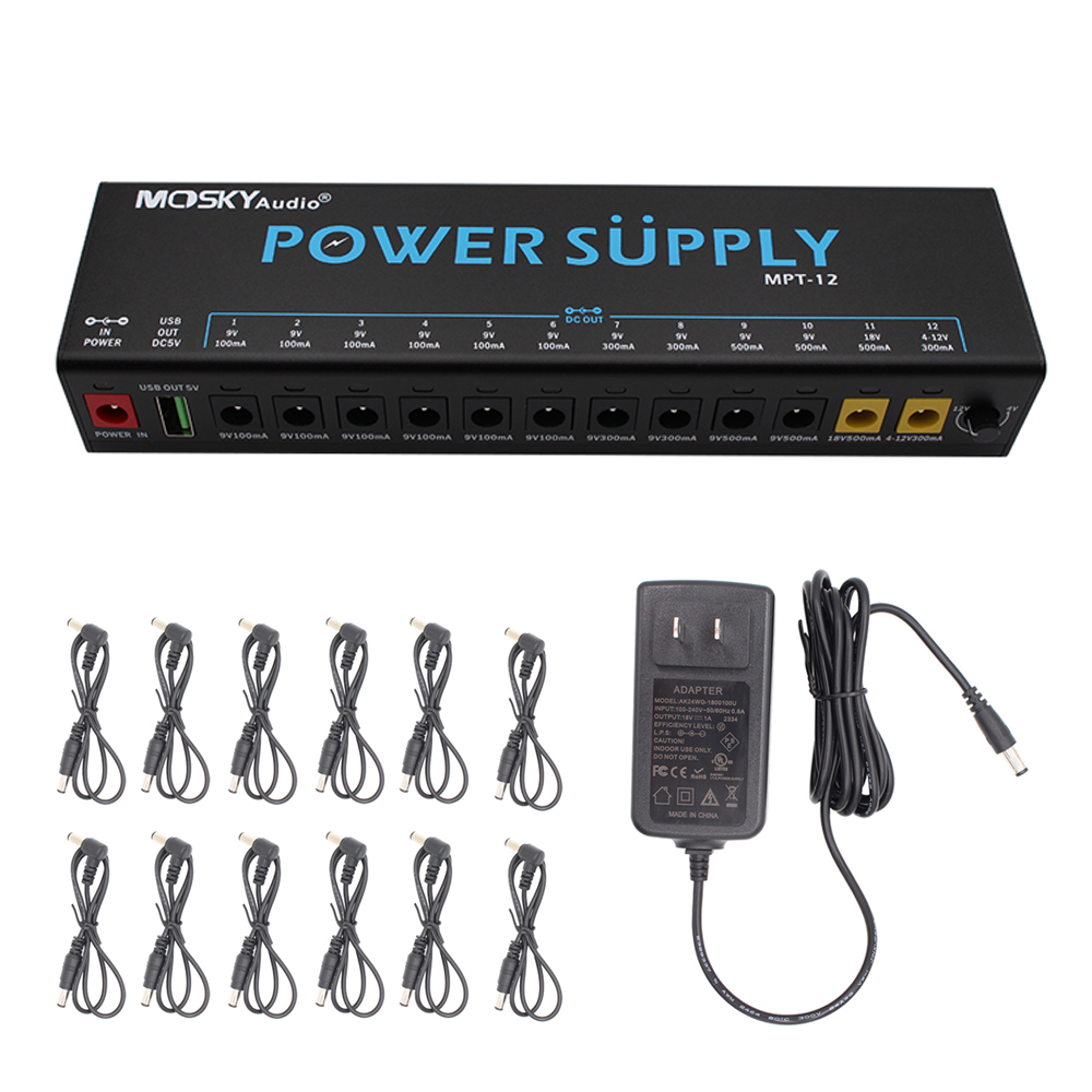 Fonte De Alimentação Para Pedal De Efeito De Guitarra Mosky MPT-12 , 12 Saídas DC 9V 12V 18V , Saída USB 5V Pedaleira ,