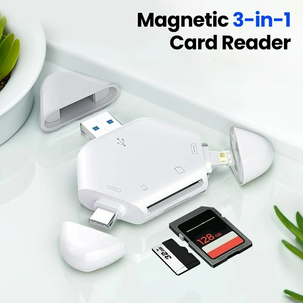 Leitor de cartões de memória portátil 3 em 1, conector de alta velocidade para SD/TF, compatível com iPhone, laptop e