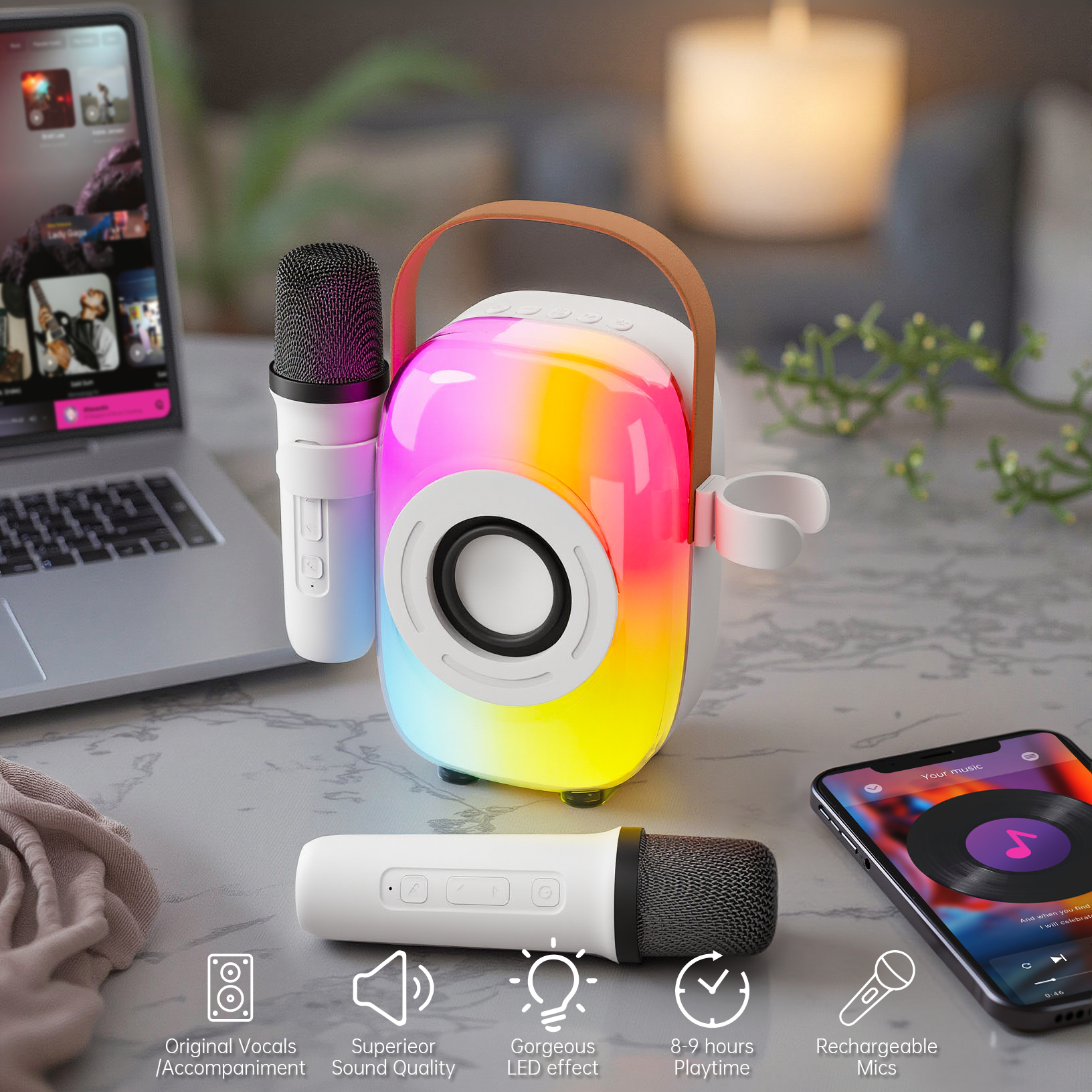 Microfone de Karaokê Portátil com Caixas de Som e Microfones Sem Fio, Sistema HiFi Profissional Elite X