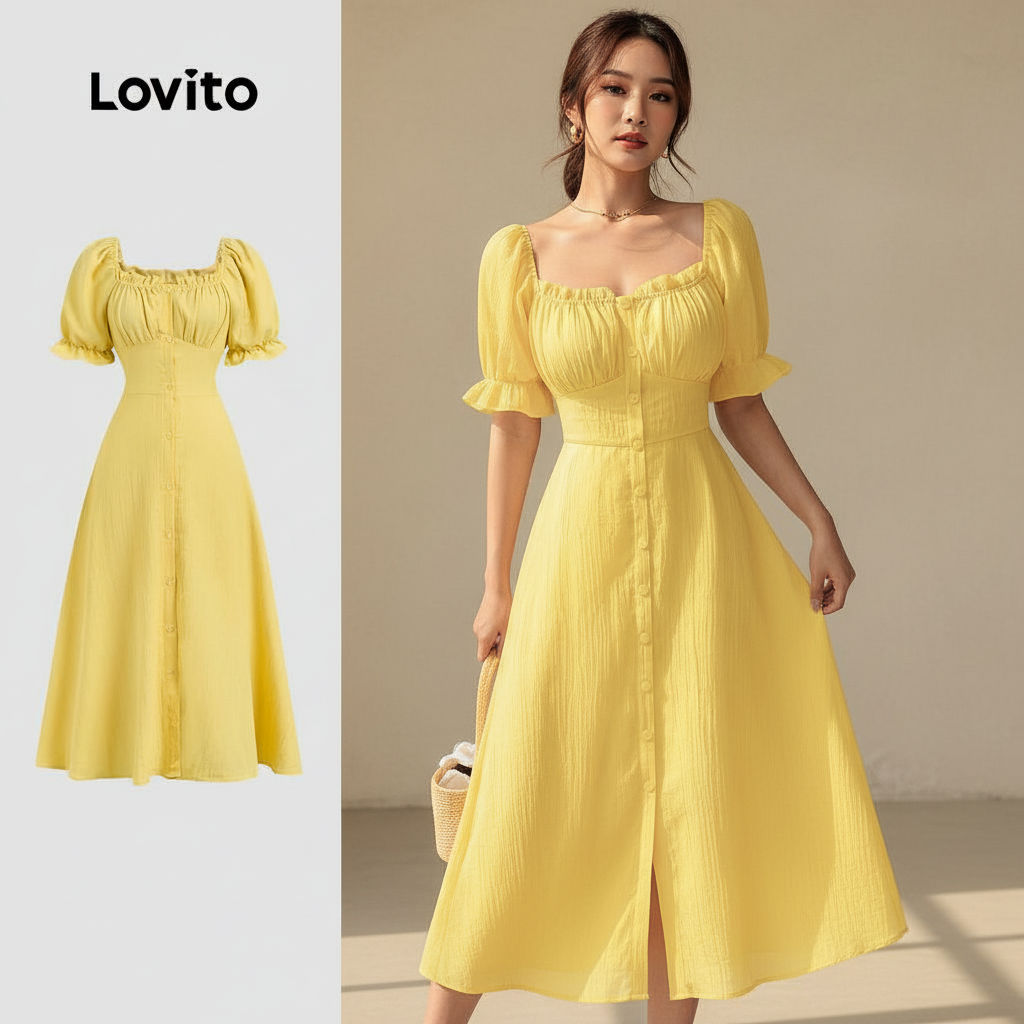 Lovito Vestido Longo Amarelo Elegante Com Botões Estilo Evangélico Para Mulheres Ideal Para Primavera/Verão LBL29165 em Oferta na Shopee