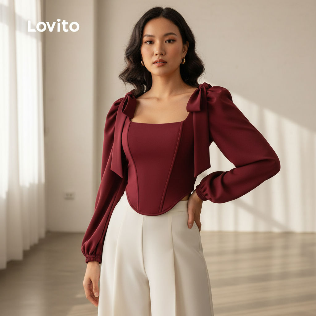 Blusa Feminina Lovito Casual Amarração Laço Vinho Primavera Verão LK2AD216