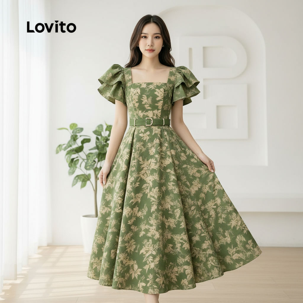 Lovito Refine Vestido Elegante Para Festa De Primavera/verão Feminino Com Flores E Babados LK2EDD123 em Oferta na Shopee