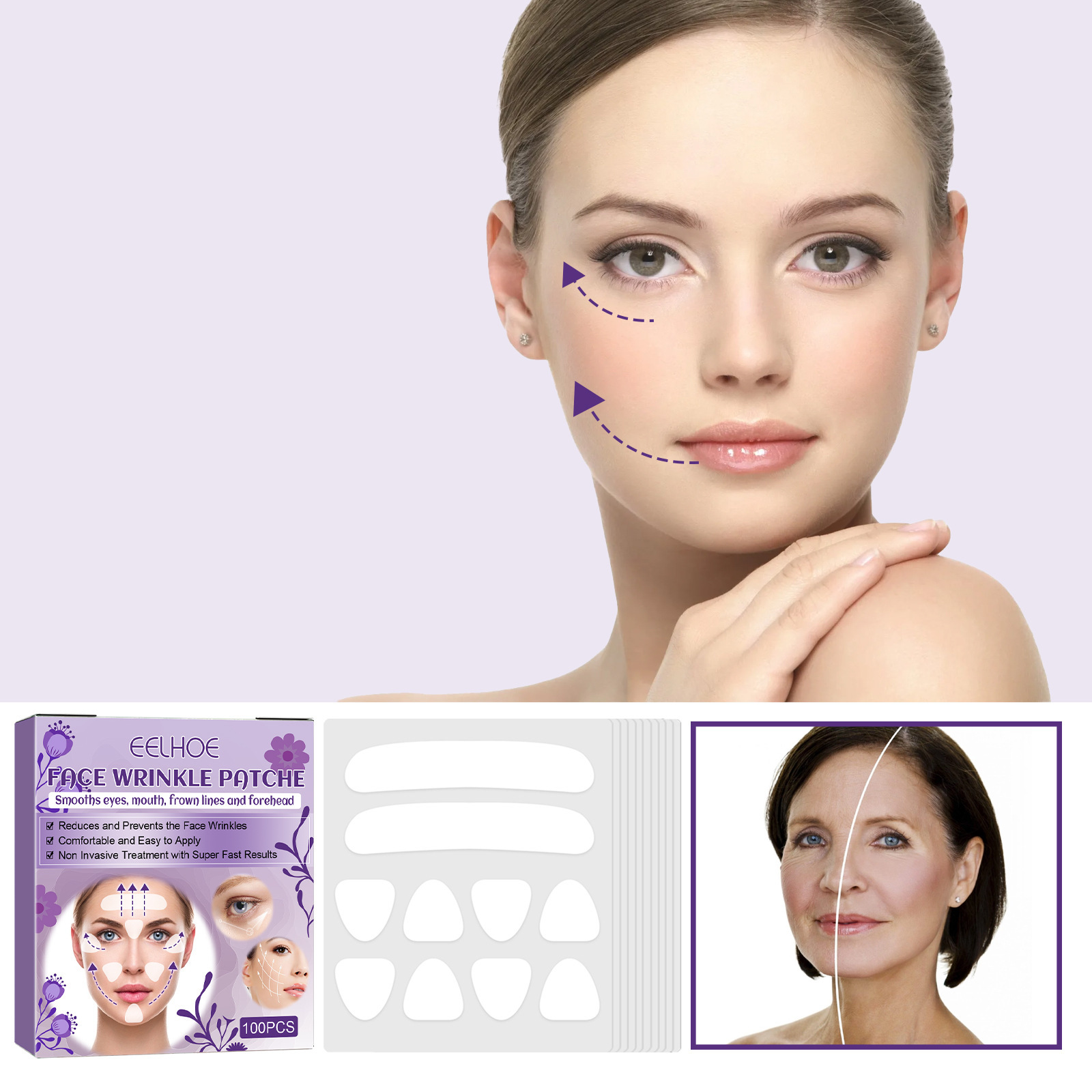 Patches Antirrugas Faciais (100 unidades) - Suavize Linhas da Testa, Olhos e Boca Durante a Noite! Patches de Silicone