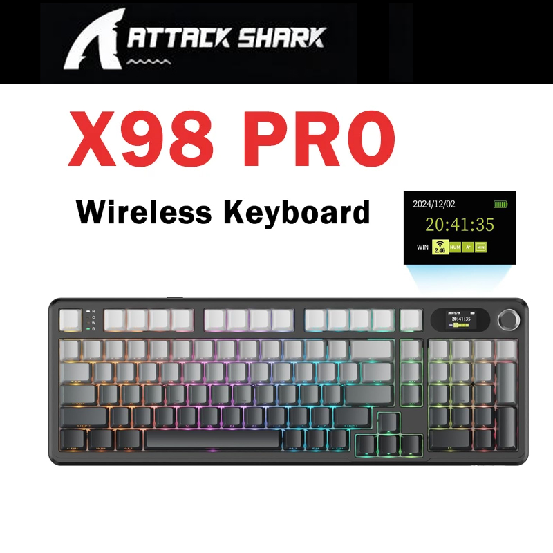 Teclado Mecânico de Jogos Sem Fio ATTACK SHARK X98 Pro, Tri-Modo Bluetooth, RGB,