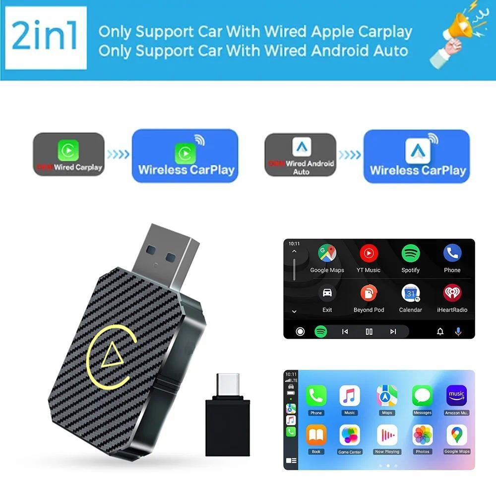 Adaptador Automático Sem Fio CarPlay Android 2 Em 1 Mini AI Smart Box Bluetooth Car Multimedia Kit
