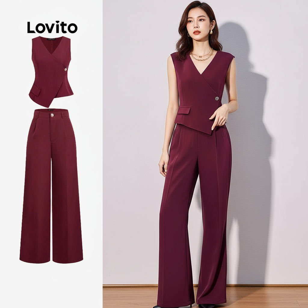 Lovito Refine Calças Femininas Burgundy Botão Primavera Verão para Mulheres L165ED1008 em Oferta na Shopee