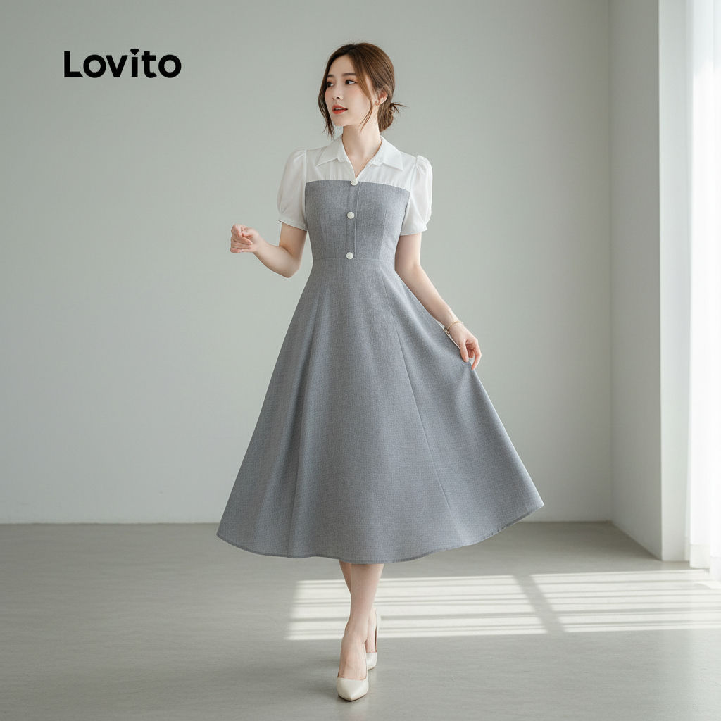 Lovito Refine Vestido Casual L157ED287 Cinza para Mulheres em Bloco de Cores Primavera/Verão em Oferta na Shopee