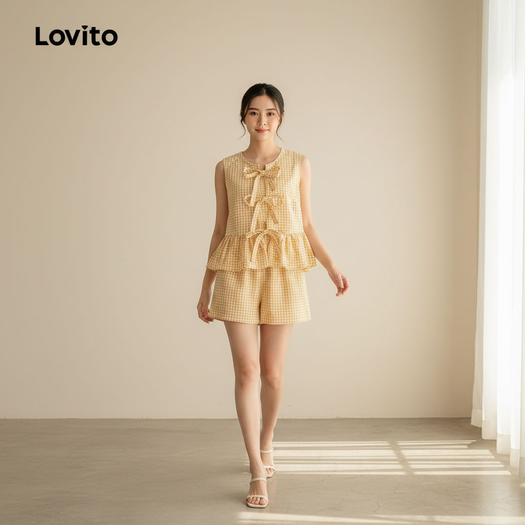 Lovito Blusas ou Calças Femininas Casuais com Laço Primavera/verão Top Amarelo L154LD122 em Oferta na Shopee