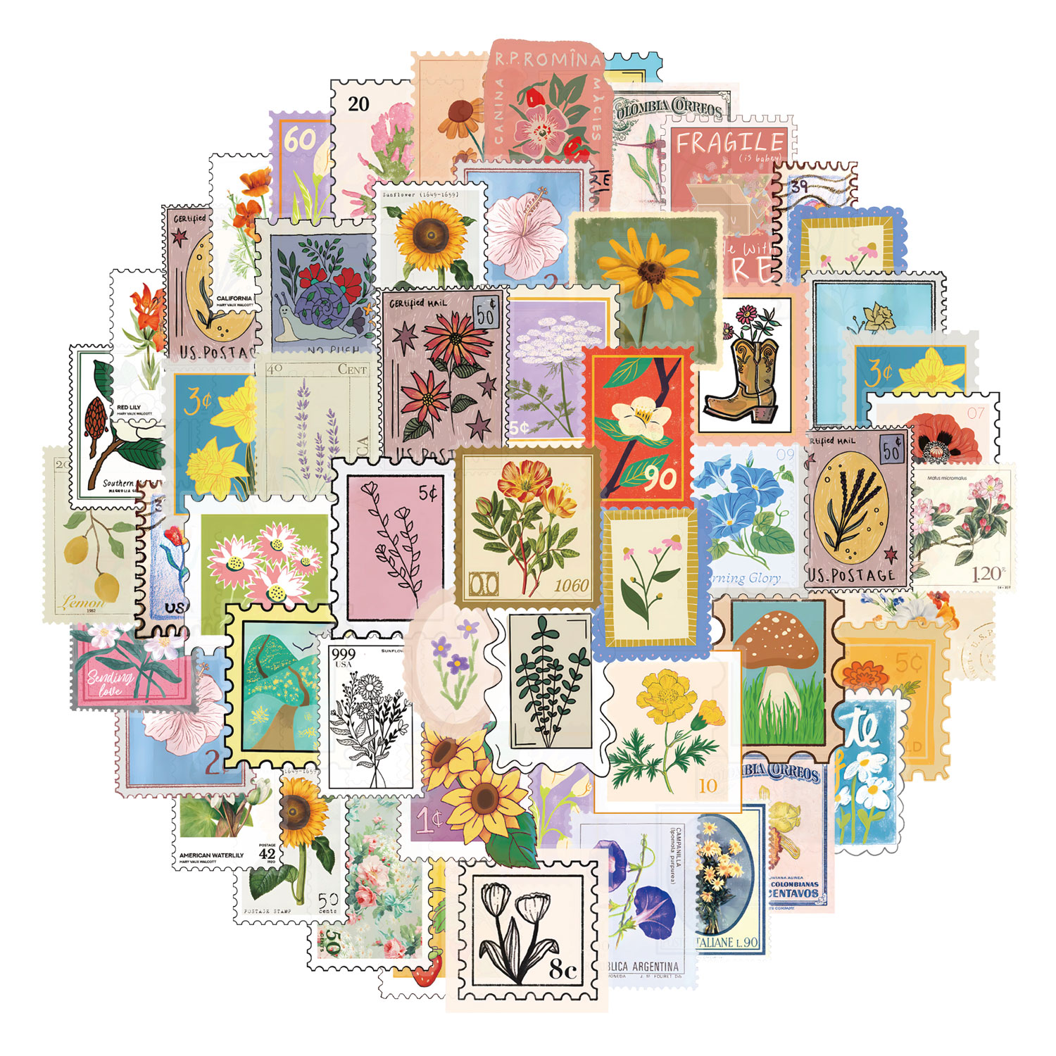 Floral 250 Peças Adesivos De Carimbo Postal Vintage Bonito Estética Ins Engraçado Amor Doodle Arte Dos Desenhos Animados