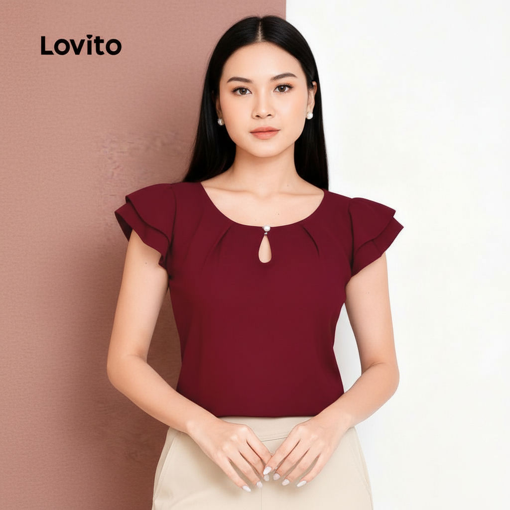 Lovito Blusa Feminina Recortada Dupla Camada Primavera Verão Natal Vinho LK2ED1629 em Oferta na Shopee