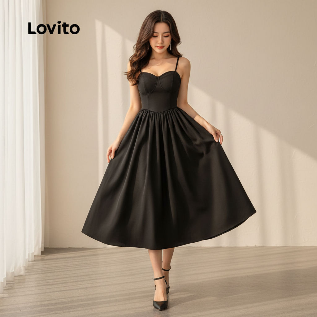 Lovito Refine Vestido Feminino Preto com Zíper para Verão LK2LD391 em Oferta na Shopee