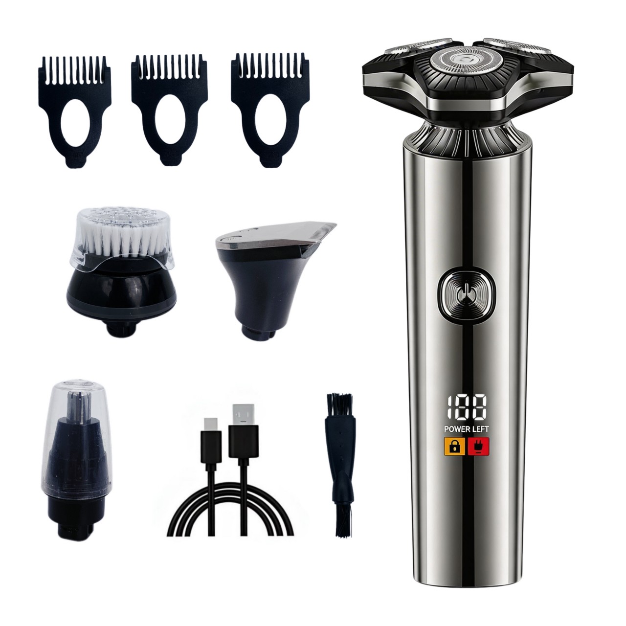 Barbeador Elétrico Masculino Recarregável Portátil 5 em 1, Kit de Aparador 3D Flutuante com Cortador de Nariz, Display
